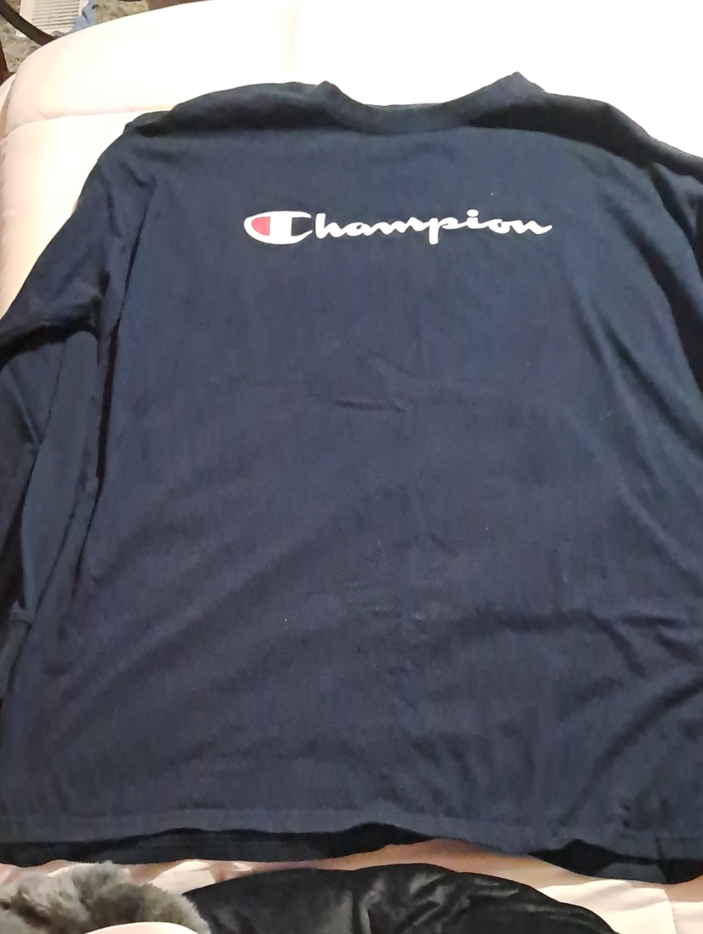 Champion Navy Long-Sleeve Shirt with White Logo and Red Accent